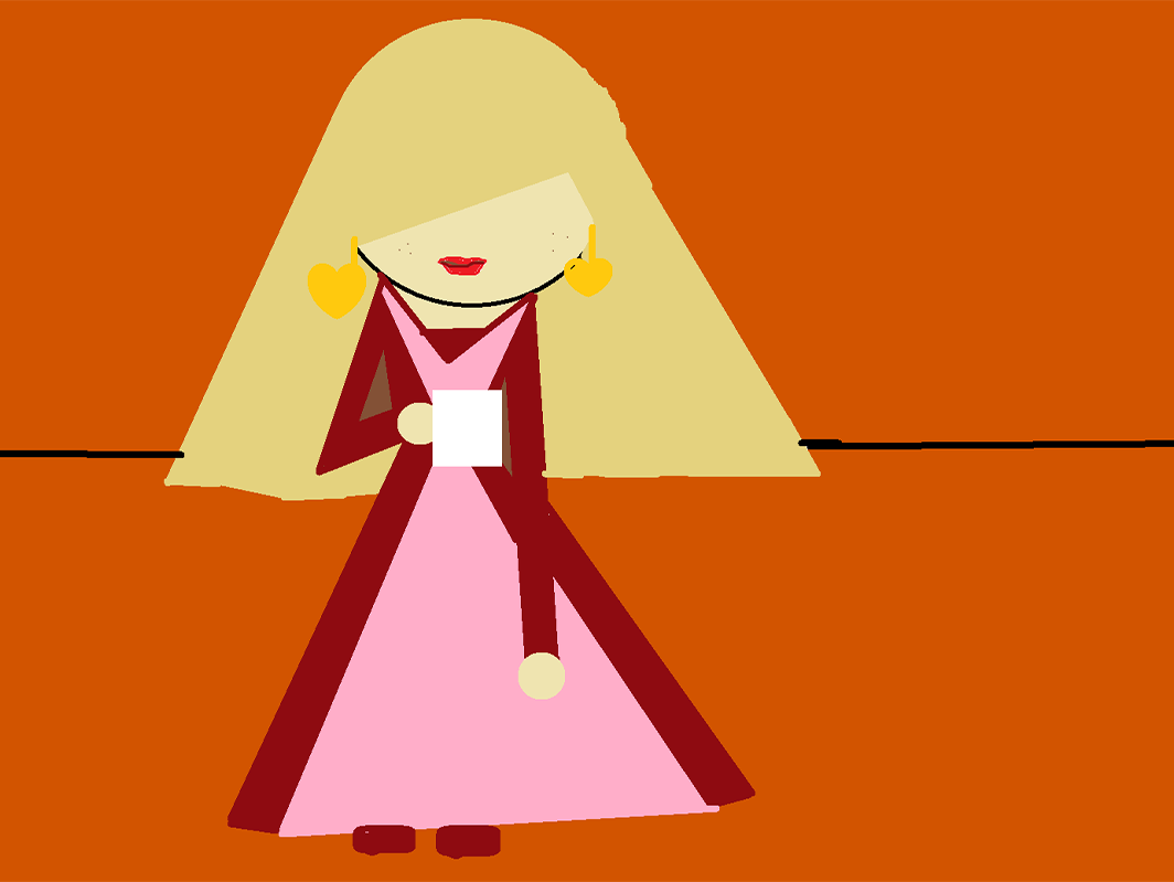 Paint drawing of a girl with long blonde hair, heart-shaped earrings and a pink dress, on an orange background.