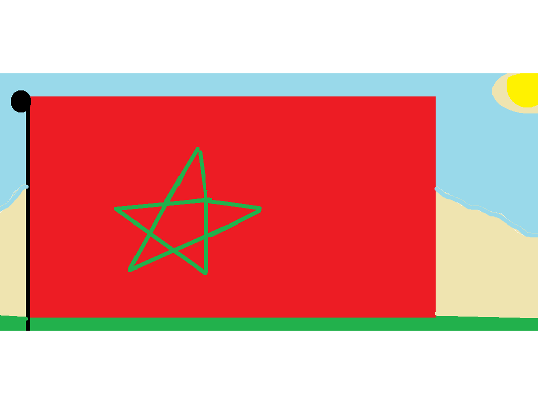Paint drawing of a red flag with a green star, between sandy hills, under a blue sky with a yellow sun.