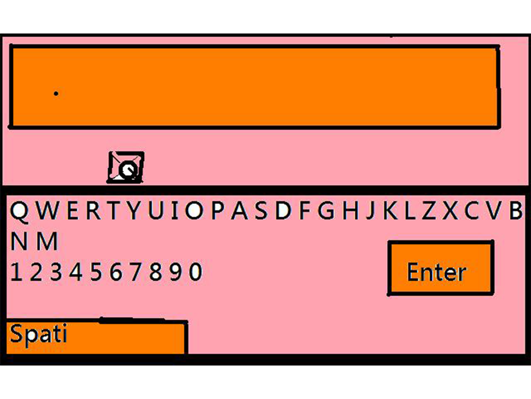 Paint drawing of a computer keyboard in orange and pink, with letters, numbers, an Enter key and a space bar.