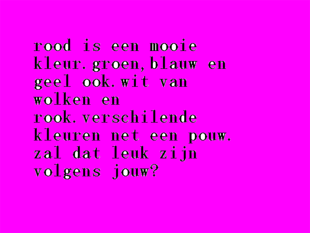 Paint drawing: a short Dutch poem about colours, in black pixel text on a magenta background.