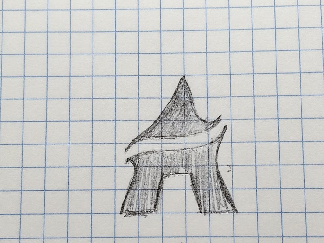 Pencil sketch on squared paper of a letter A with a swoosh across it.
