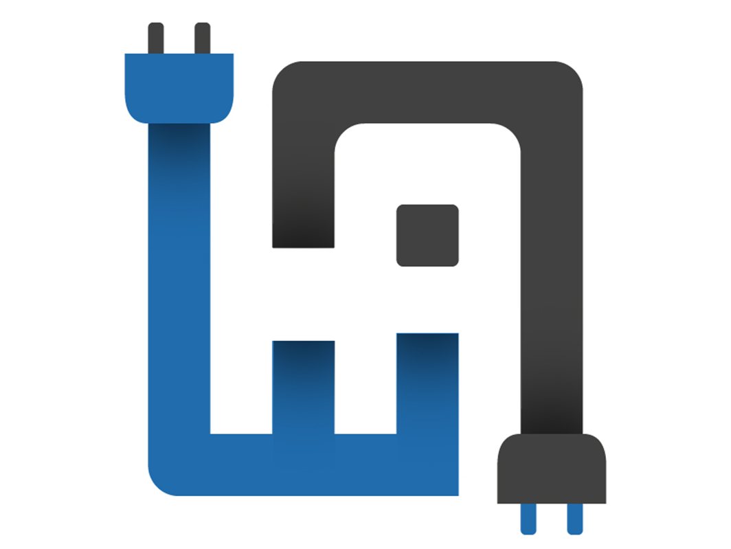 Logo of the letters H and A drawn as one blue and black shape, ending in an electric plug.