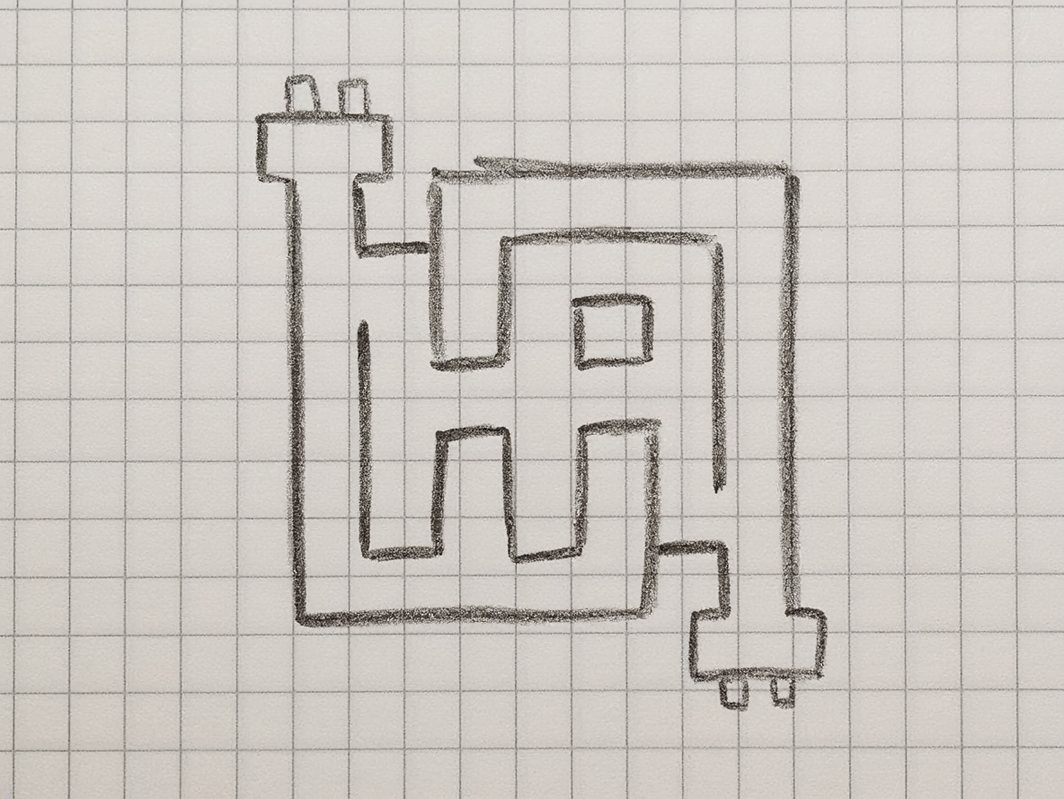 Pencil sketch on squared paper of a blocky monogram drawn as one line, ending in an electric plug.