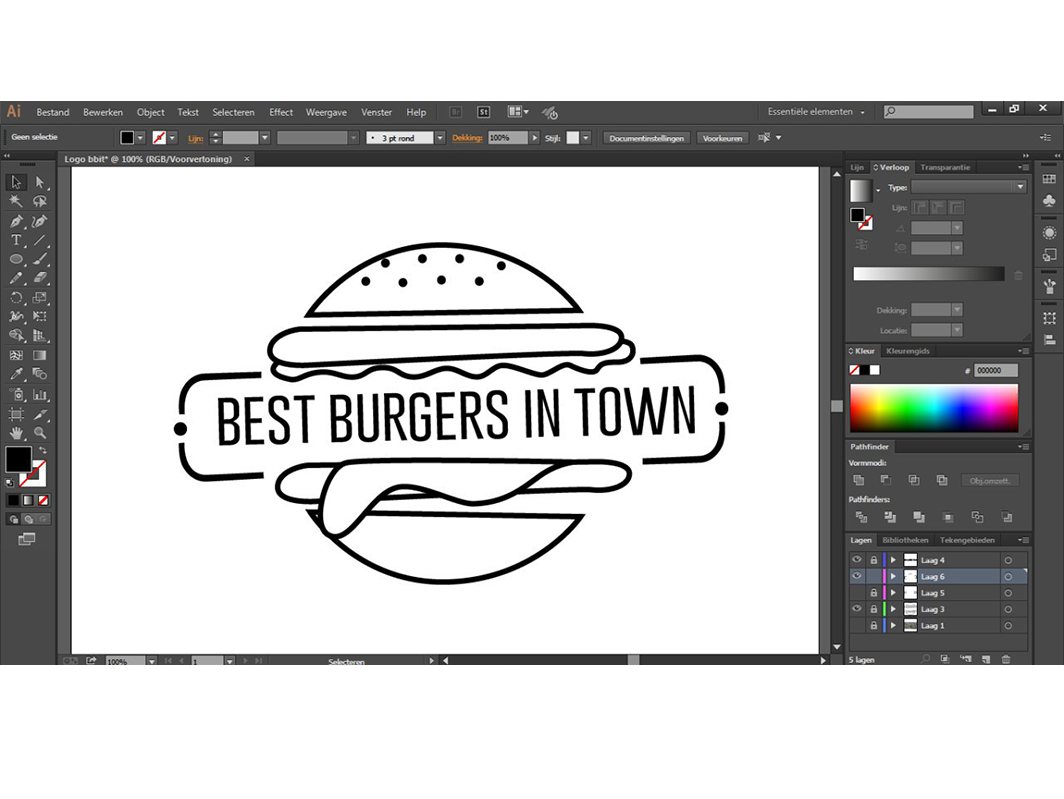 Screenshot of a design program with a black line logo: a burger around the words Best Burgers in Town.