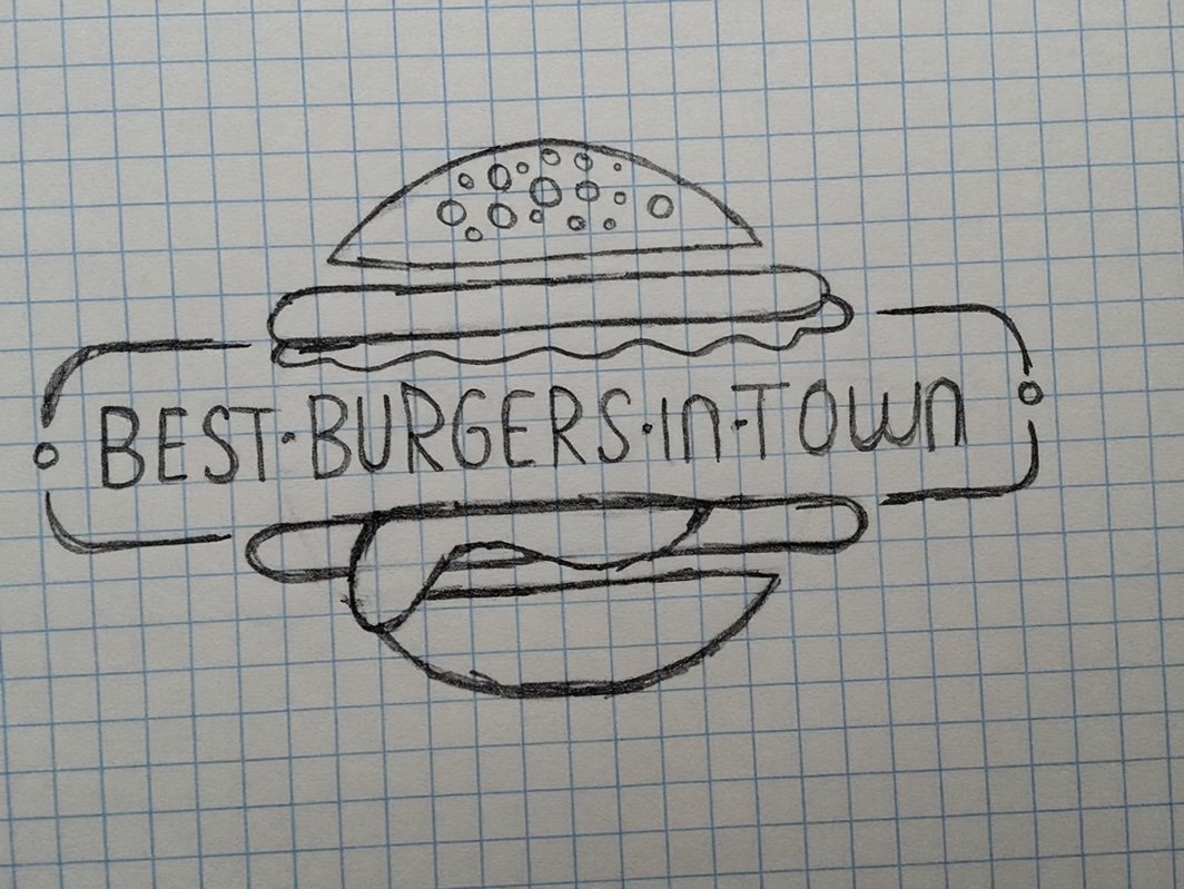 Pencil sketch on squared paper of a burger above a banner with the words Best Burgers in Town.