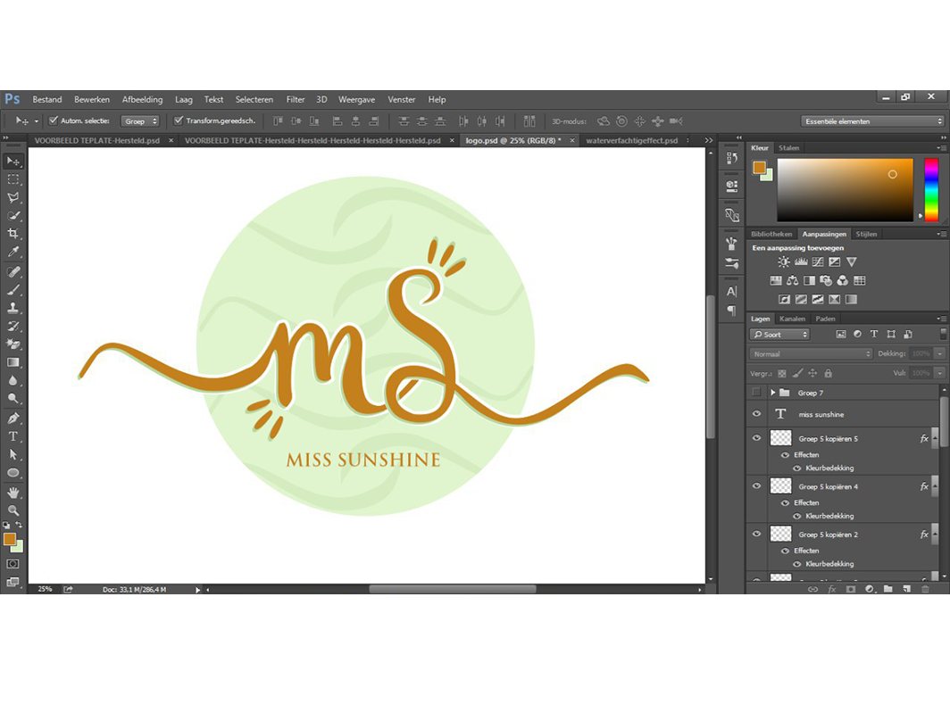 Screenshot of a design program with a gold script monogram MS on a pale green circle, above the words Miss Sunshine.