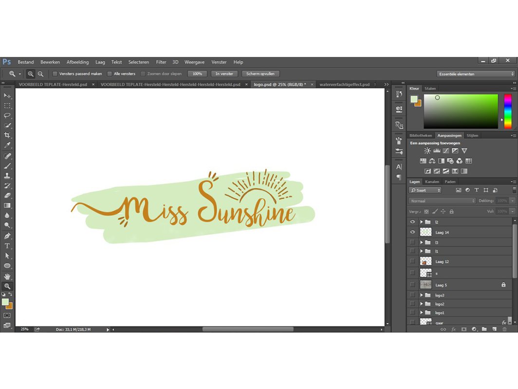 Screenshot of a design program with the gold script words Miss Sunshine and a half sun, on a green brush stroke.