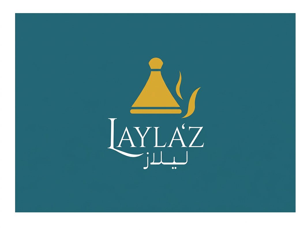 Logo of a gold tajine above the word Laylaz and Arabic lettering, in white on dark teal.