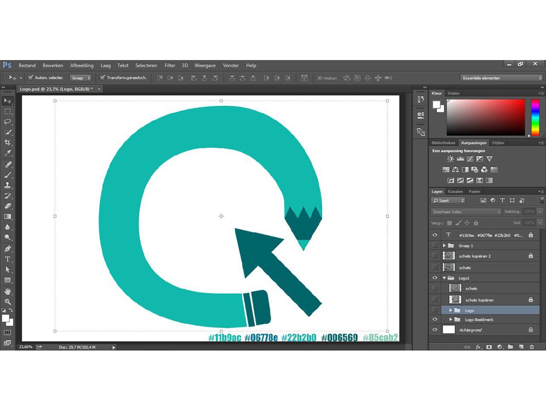Screenshot of a design program with a thick teal letter Q and an arrow cursor.