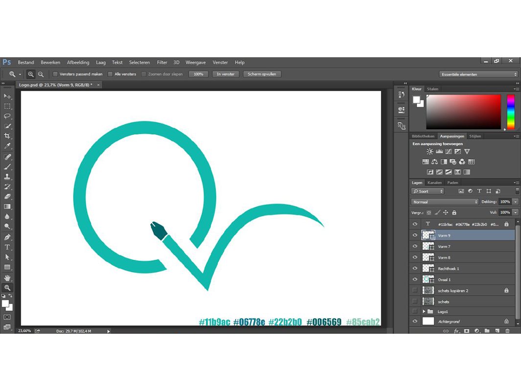 Screenshot of a design program with a thin teal letter Q drawn with a pen stroke and a tick.