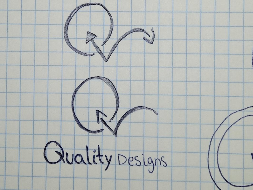 Pen sketch on squared paper of a letter Q with an arrow, above the words Quality Designs.