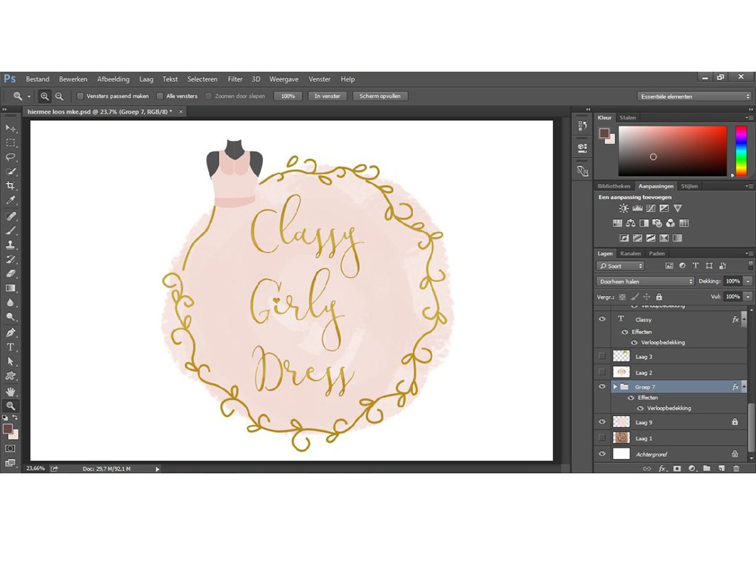 Screenshot of a design program with a pink watercolour wreath around the words Classy Girly Dress.