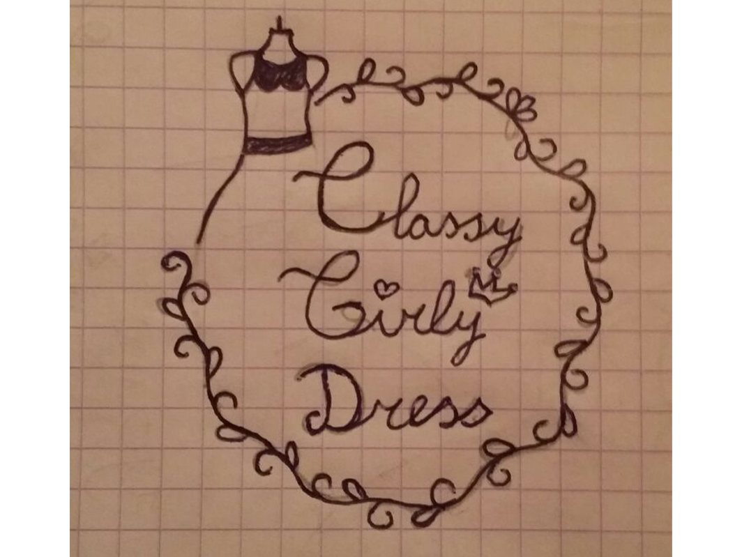 Ink drawing on brown paper of a wreath of curling vines around the words Classy Girly Dress, with a dress form on top.