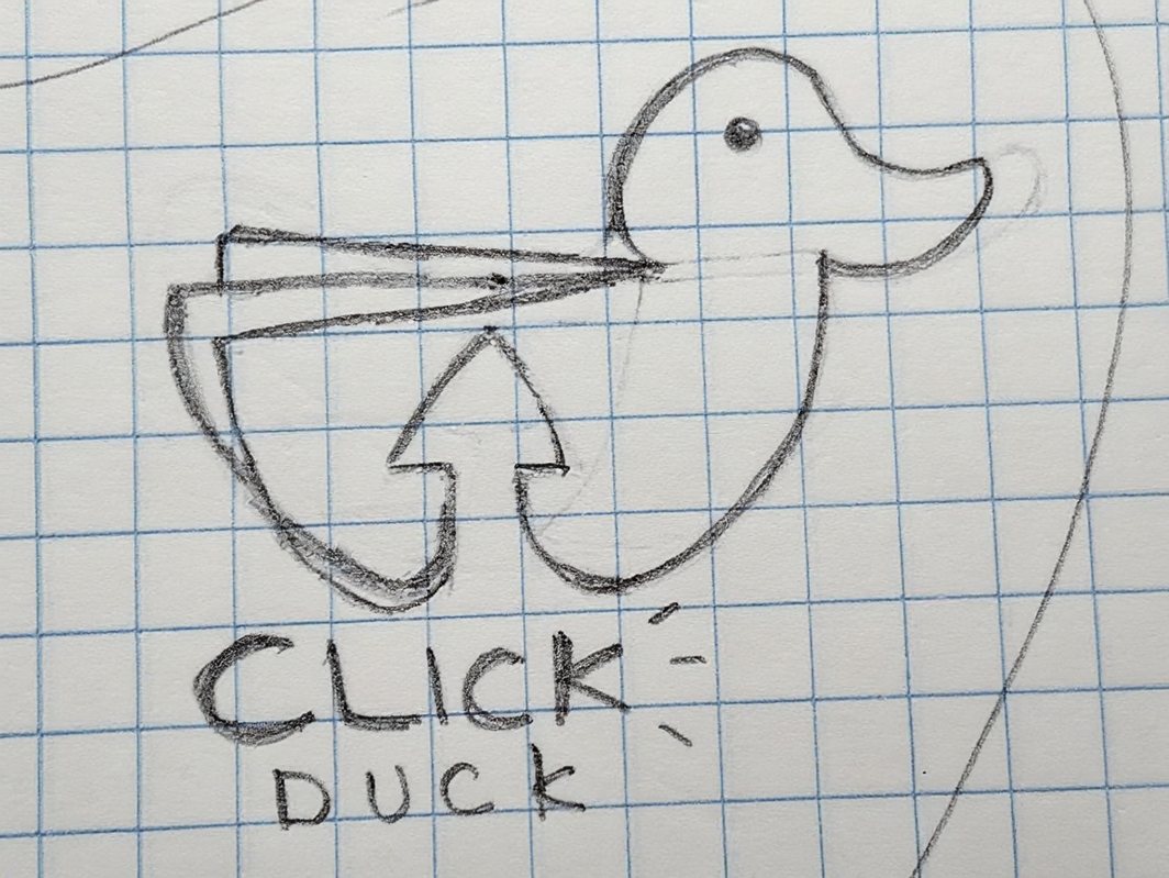 Pencil sketch on squared paper of a duck with an upward arrow in its body, above the words Click Duck.