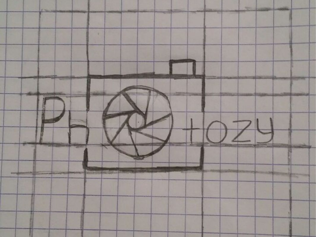 Pencil sketch on squared paper of a camera with the lens as the letter O in the word Photozy.