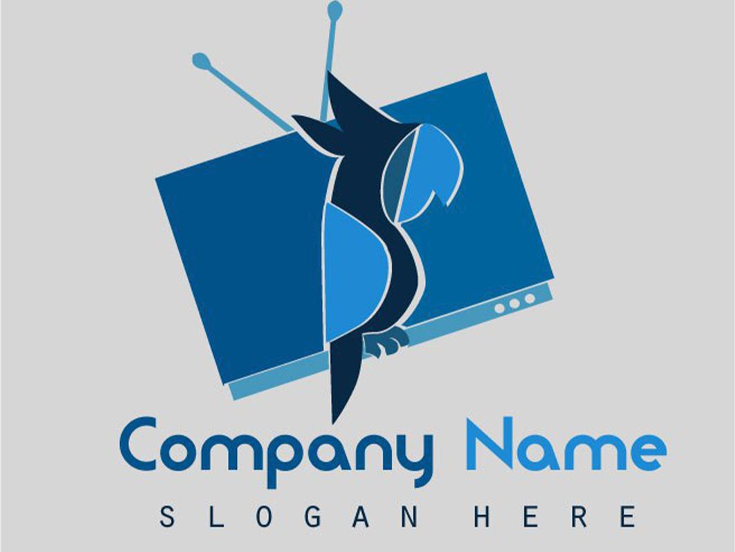 Logo of a blue television with a parrot shape, above the words Company Name.