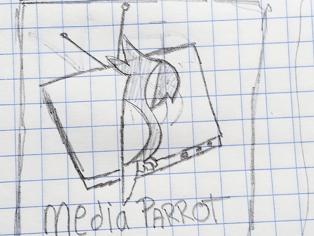 Pencil sketch on squared paper of a television with a parrot in it, above the words Media Parrot.