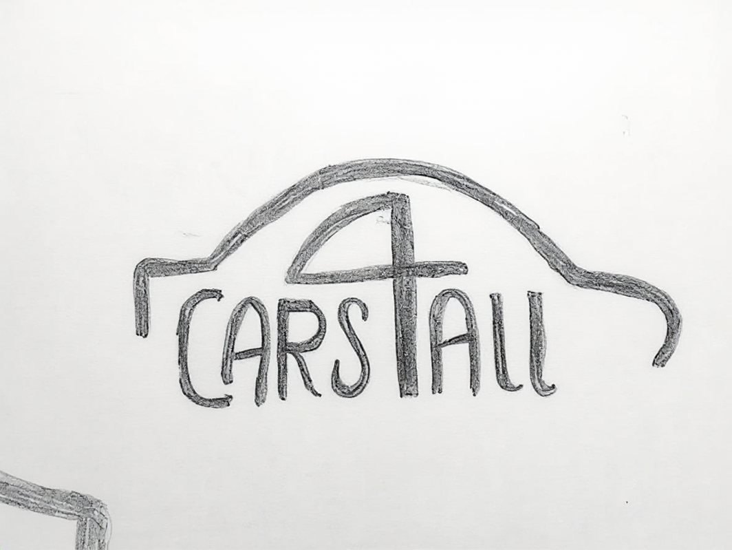 Pencil sketch of a car outline in which the number 4 forms the roof, above the words Cars 4 All.