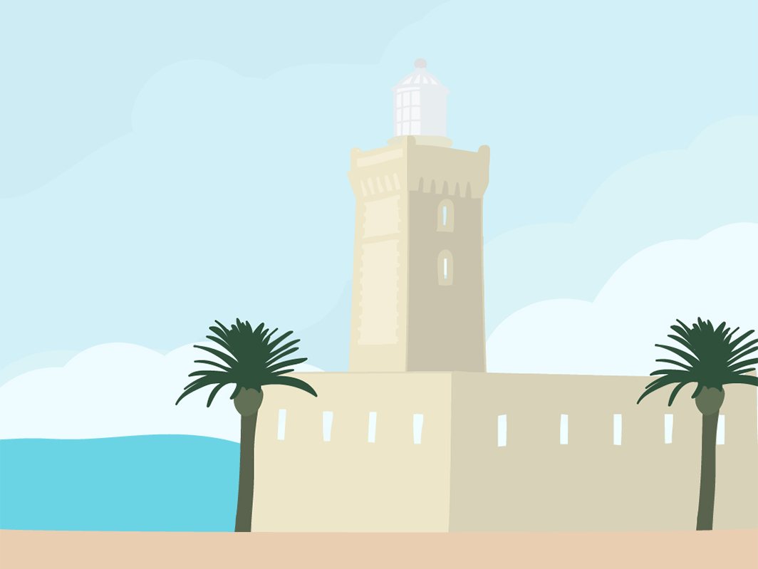 Illustration of a lighthouse tower with two palm trees, the sea and a pale sky.