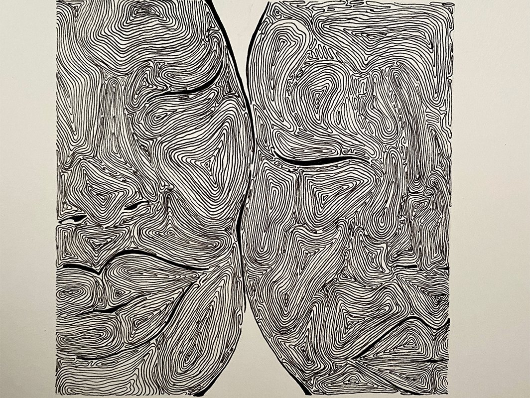 Black ink drawing of two large shapes filled with dense, flowing parallel lines, side by side.